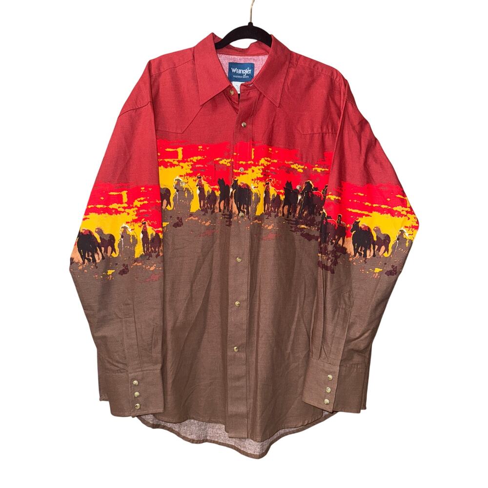 Wrangler Vintage Western Pearl Snap Shirt Horse Print‎ XL